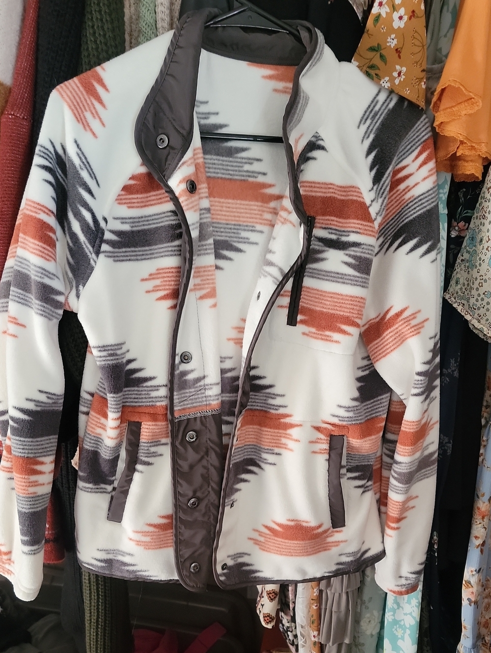 Patterned Fleece Jacket in Cream, Rust & Gray